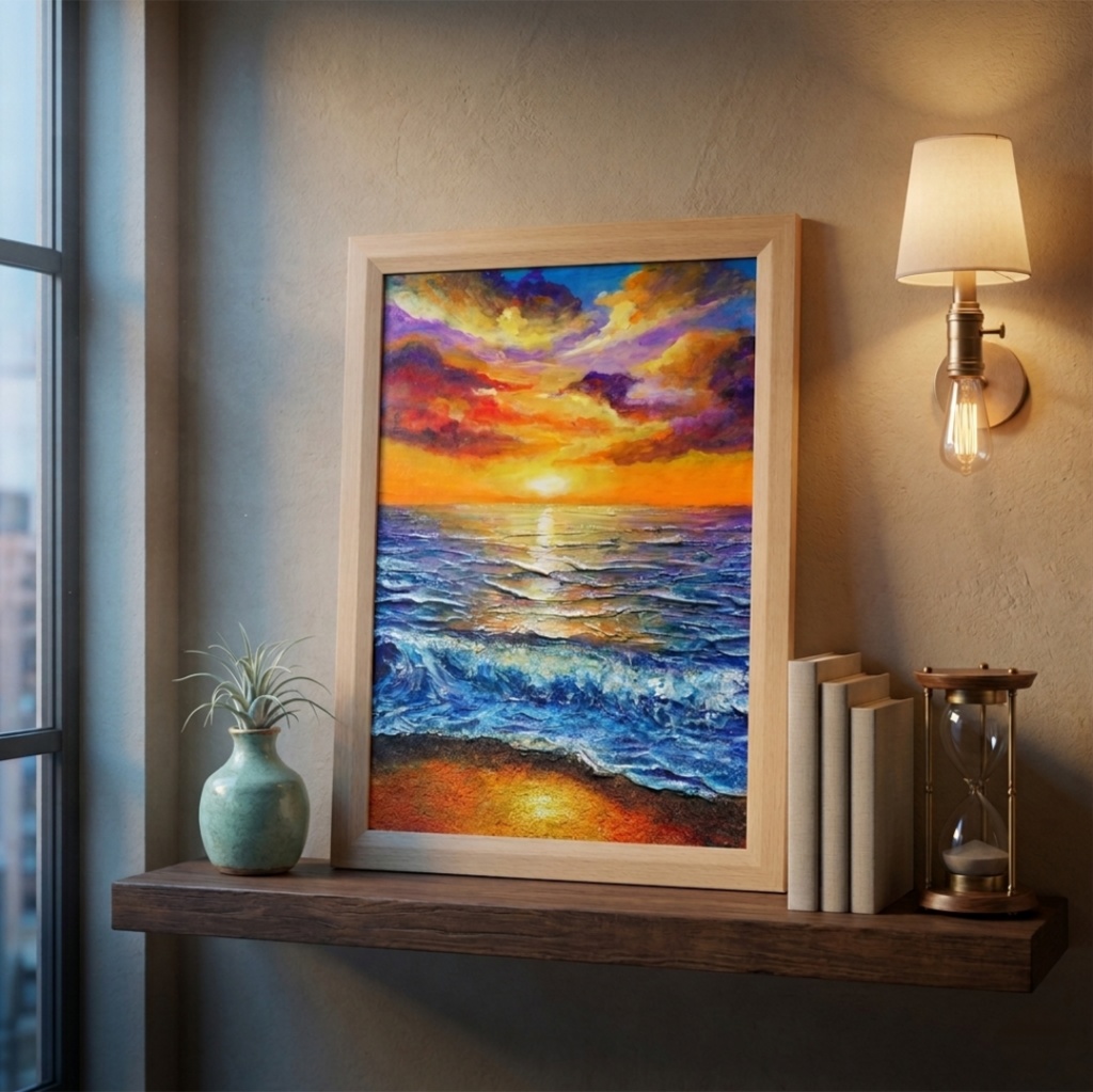 油絵 原画【明日への約束 〜凪の調べ〜】海 夕日 風景画 A4 額縁付