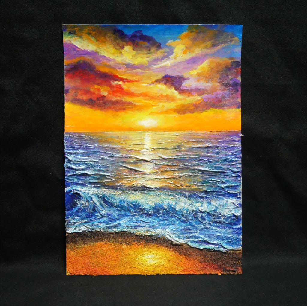 油絵 原画【明日への約束 〜凪の調べ〜】海 夕日 風景画 A4 額縁付