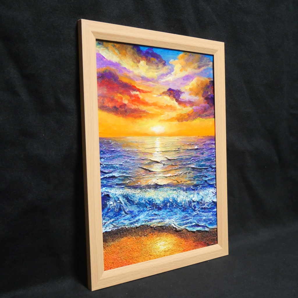 油絵 原画【明日への約束 〜凪の調べ〜】海 夕日 風景画 A4 額縁付