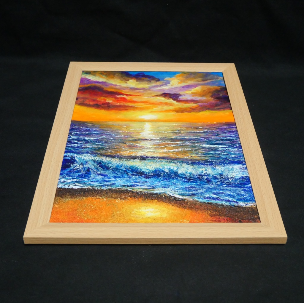 油絵 原画【明日への約束 〜凪の調べ〜】海 夕日 風景画 A4 額縁付