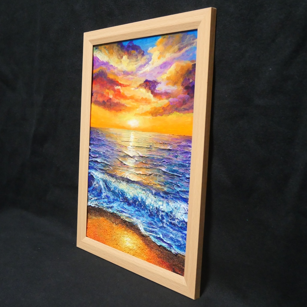 油絵 原画【明日への約束 〜凪の調べ〜】海 夕日 風景画 A4 額縁付