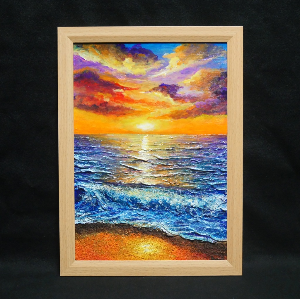 油絵 原画【明日への約束 〜凪の調べ〜】海 夕日 風景画 A4 額縁付