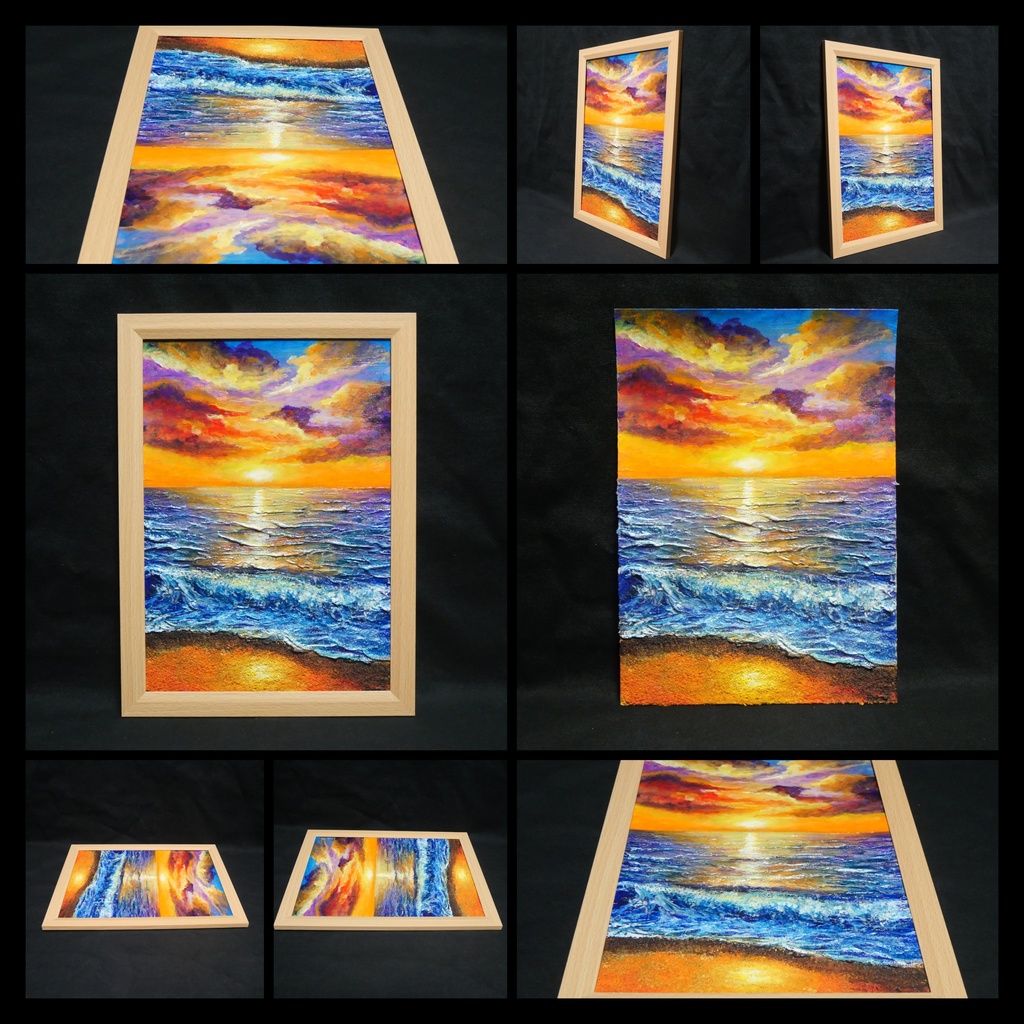 油絵 原画【明日への約束 〜凪の調べ〜】海 夕日 風景画 A4 額縁付