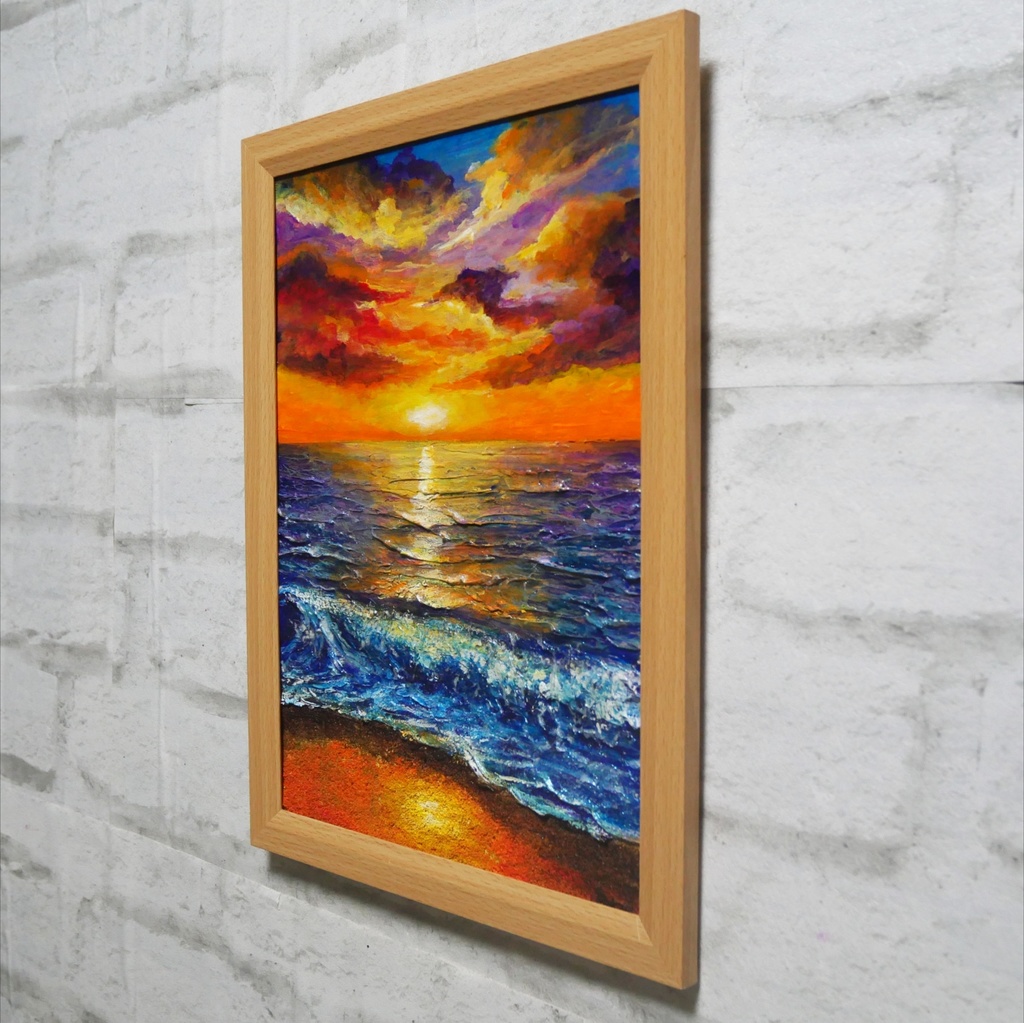 油絵 原画【明日への約束 〜凪の調べ〜】海 夕日 風景画 A4 額縁付
