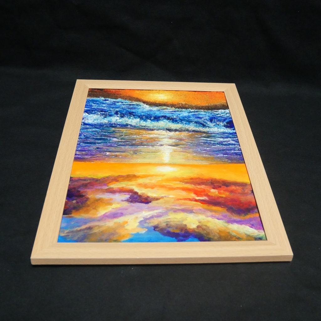 油絵 原画【明日への約束 〜凪の調べ〜】海 夕日 風景画 A4 額縁付