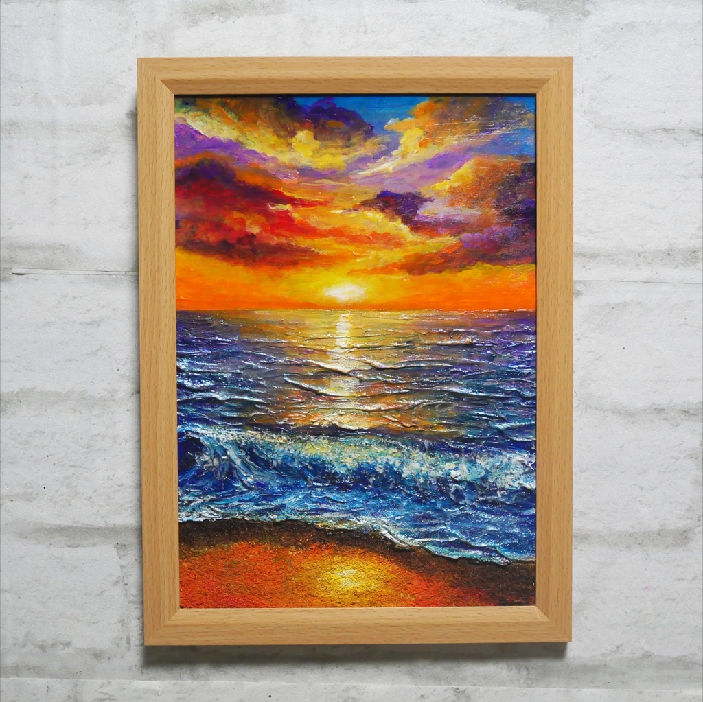 油絵 原画【明日への約束 〜凪の調べ〜】海 夕日 風景画 A4 額縁付