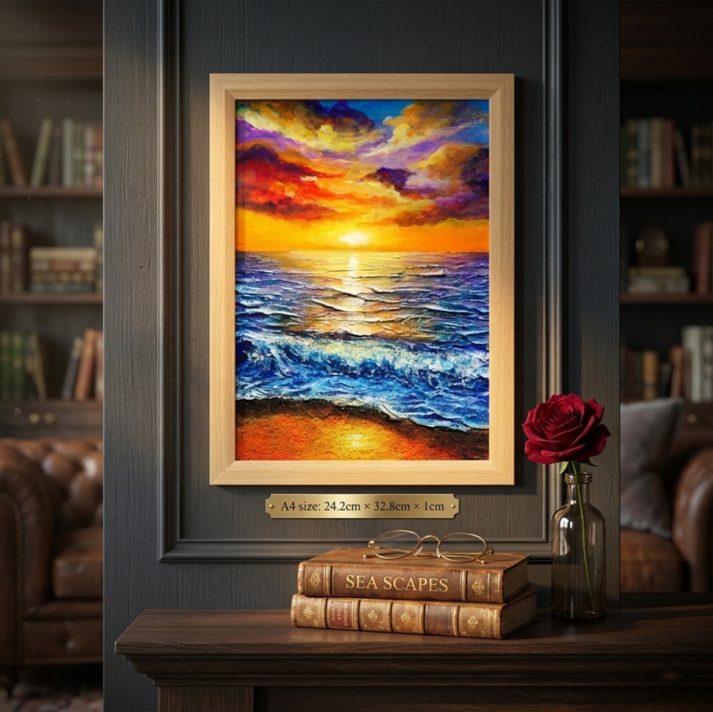 油絵 原画【明日への約束 〜凪の調べ〜】海 夕日 風景画 A4 額縁付