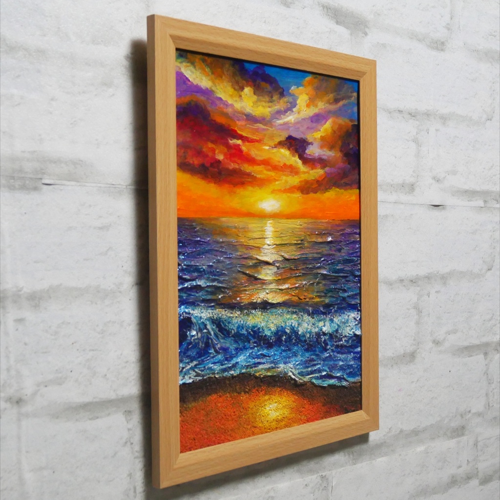 油絵 原画【明日への約束 〜凪の調べ〜】海 夕日 風景画 A4 額縁付