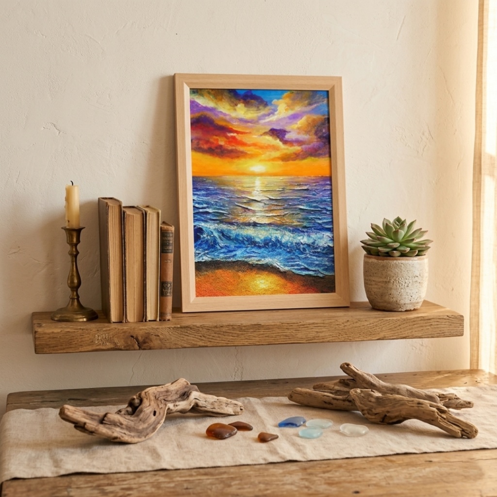 油絵 原画【明日への約束 〜凪の調べ〜】海 夕日 風景画 A4 額縁付