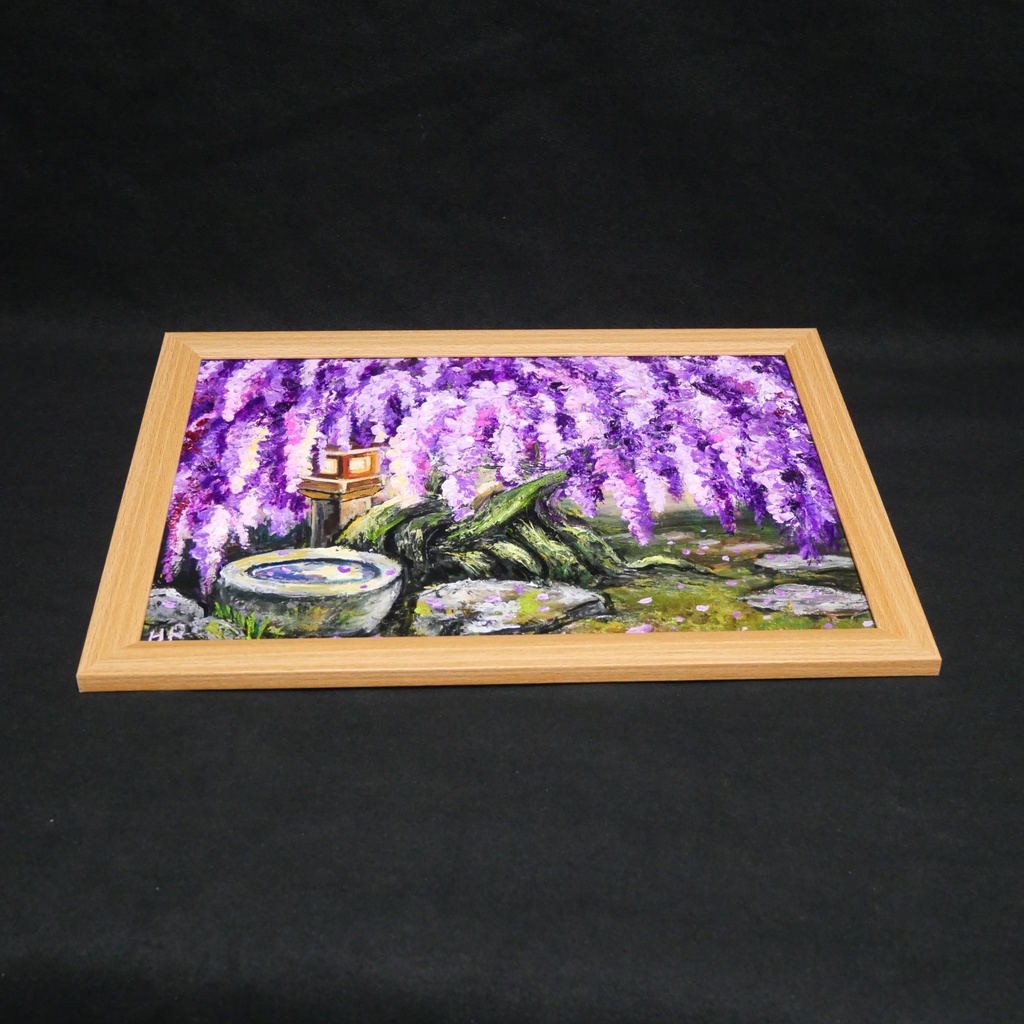 【原画】藤の花と石灯籠「紫翠の庭」春の息吹を感じる油彩画