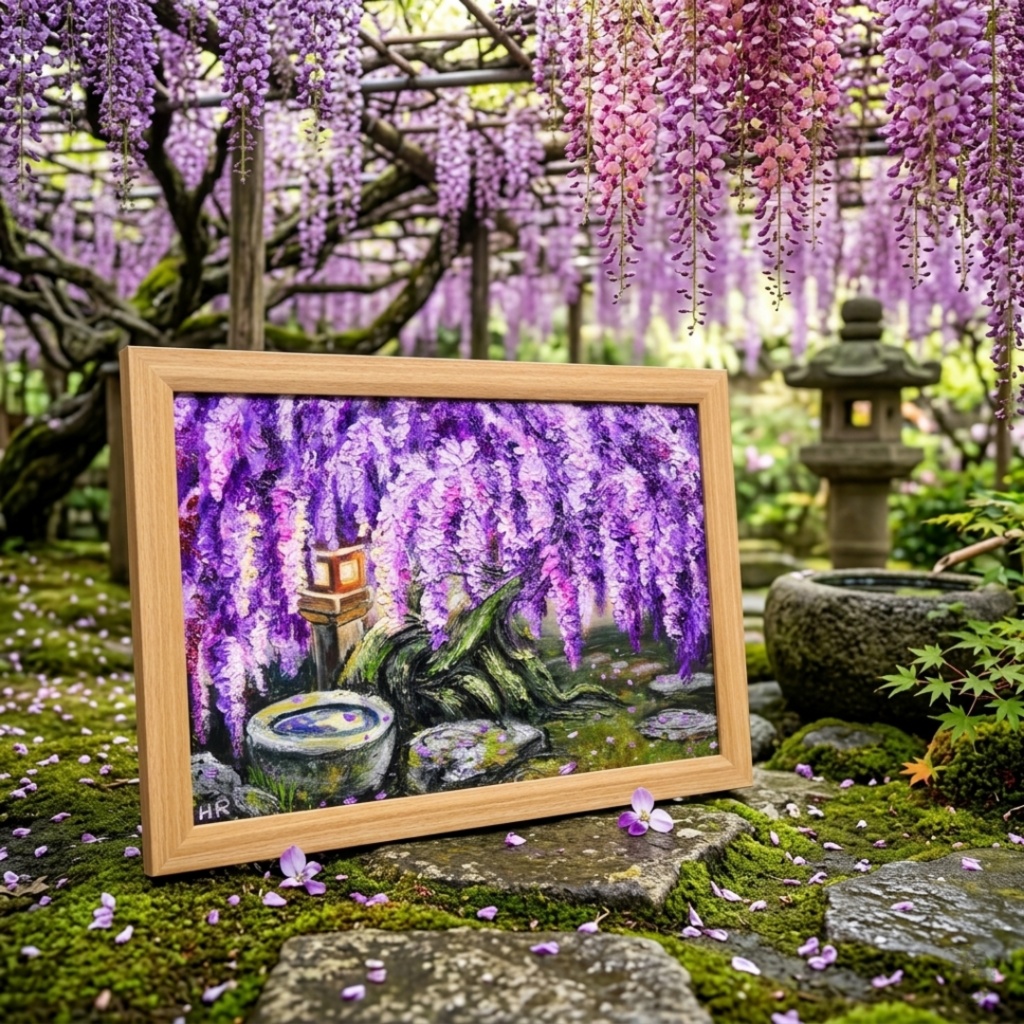 【原画】藤の花と石灯籠「紫翠の庭」春の息吹を感じる油彩画