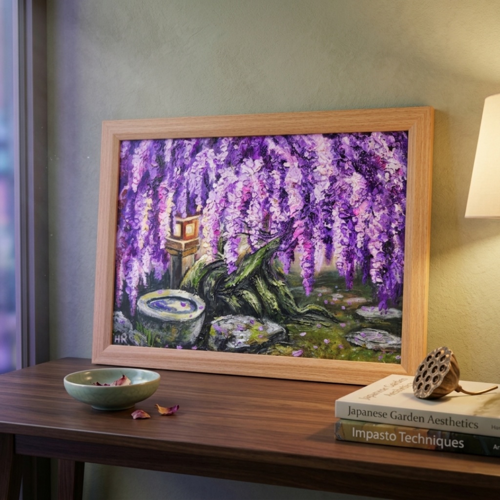 【原画】藤の花と石灯籠「紫翠の庭」春の息吹を感じる油彩画