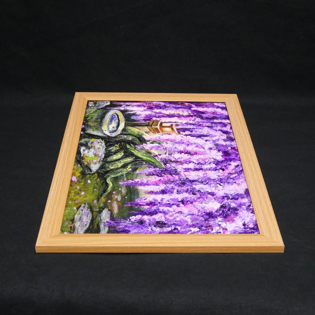 【原画】藤の花と石灯籠「紫翠の庭」春の息吹を感じる油彩画