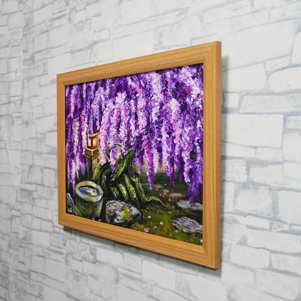 【原画】藤の花と石灯籠「紫翠の庭」春の息吹を感じる油彩画