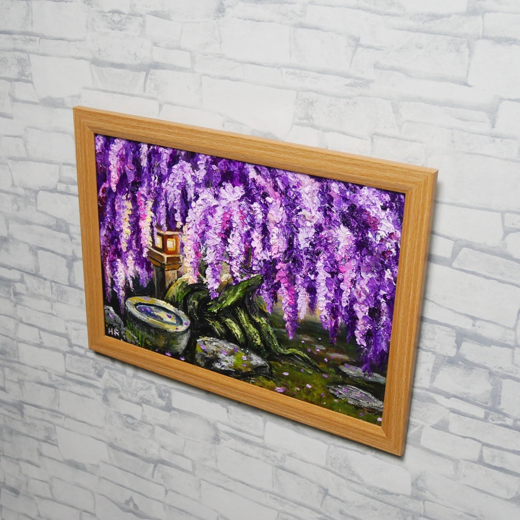 【原画】藤の花と石灯籠「紫翠の庭」春の息吹を感じる油彩画