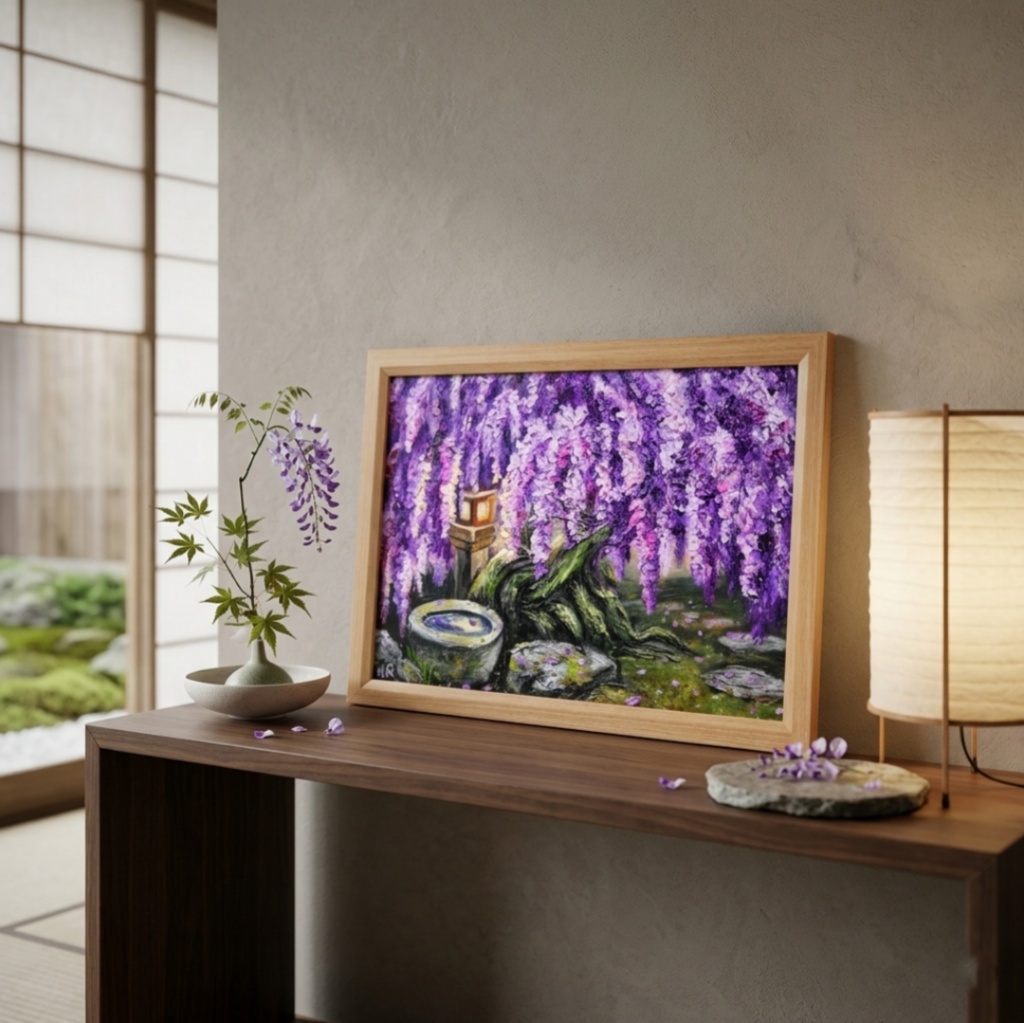 【原画】藤の花と石灯籠「紫翠の庭」春の息吹を感じる油彩画