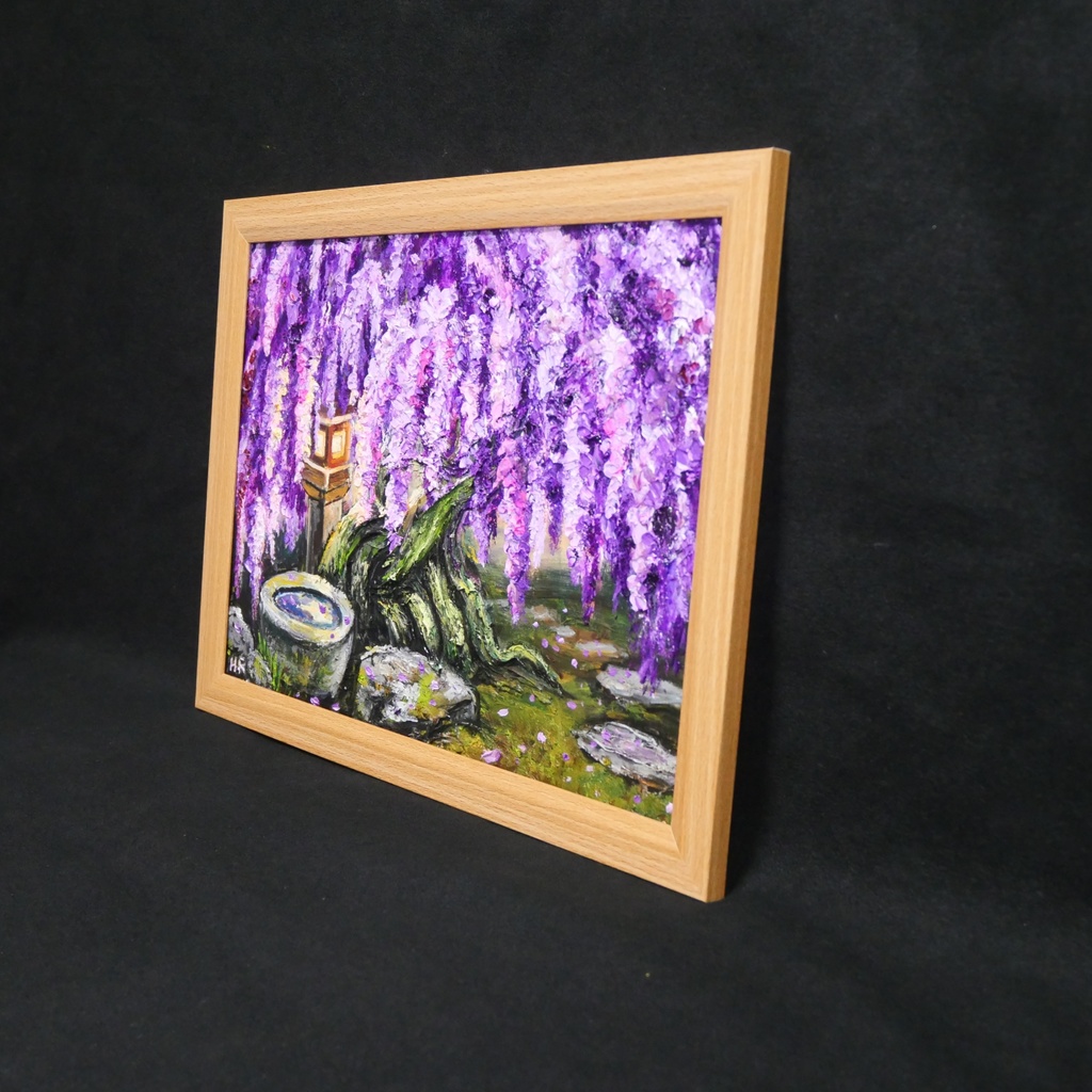 【原画】藤の花と石灯籠「紫翠の庭」春の息吹を感じる油彩画