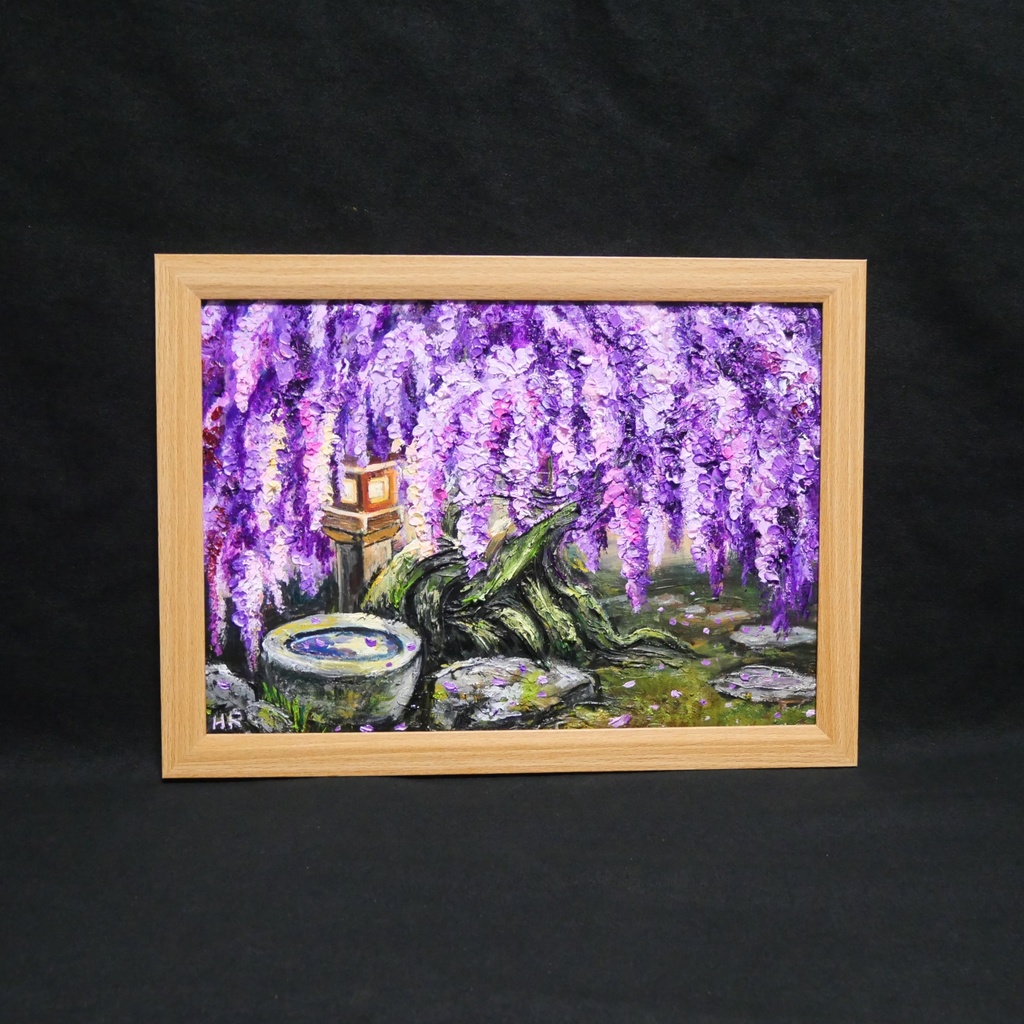 【原画】藤の花と石灯籠「紫翠の庭」春の息吹を感じる油彩画