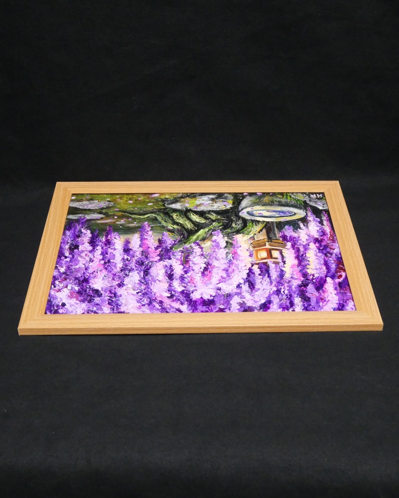 【原画】藤の花と石灯籠「紫翠の庭」春の息吹を感じる油彩画