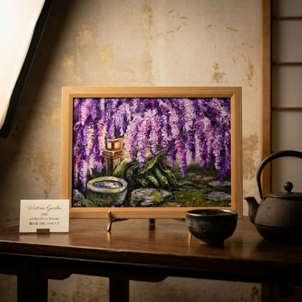 【原画】藤の花と石灯籠「紫翠の庭」春の息吹を感じる油彩画