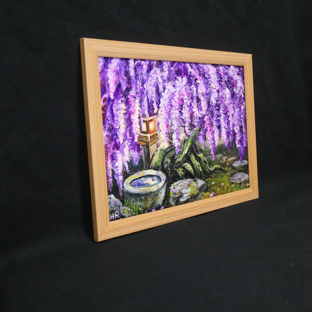 【原画】藤の花と石灯籠「紫翠の庭」春の息吹を感じる油彩画