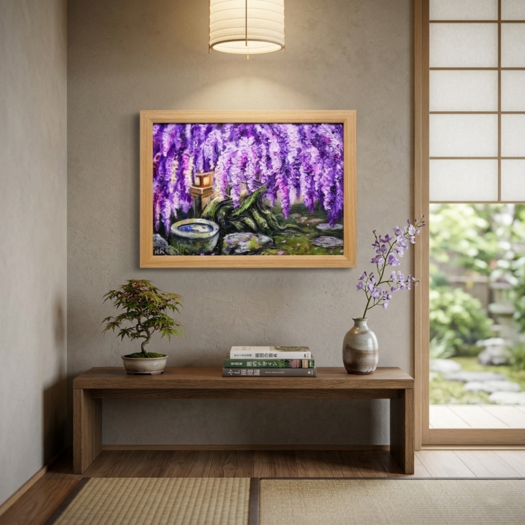 【原画】藤の花と石灯籠「紫翠の庭」春の息吹を感じる油彩画