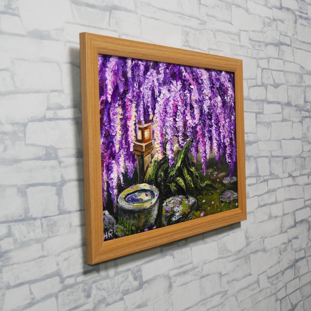 【原画】藤の花と石灯籠「紫翠の庭」春の息吹を感じる油彩画