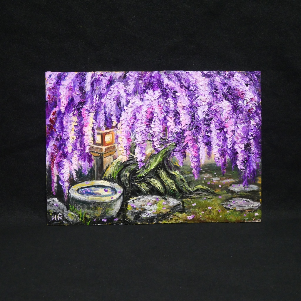 【原画】藤の花と石灯籠「紫翠の庭」春の息吹を感じる油彩画