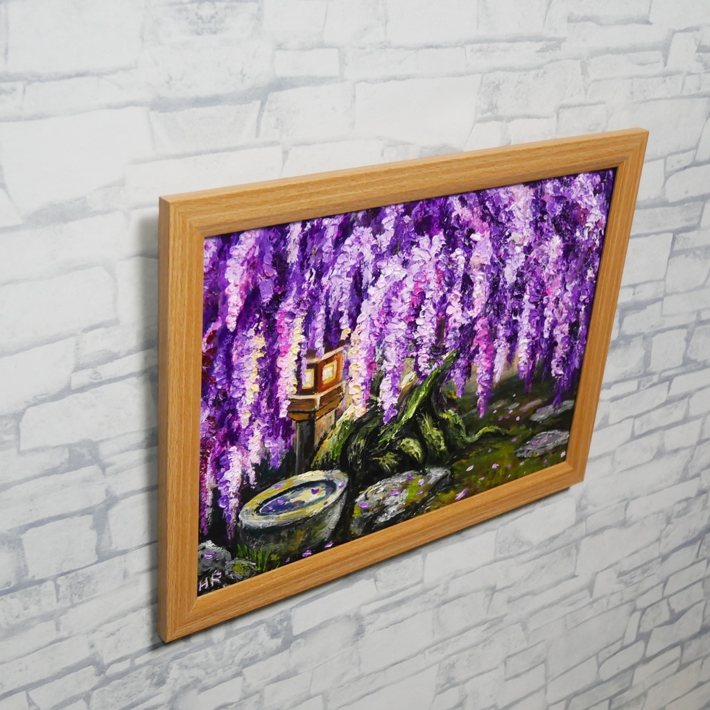 【原画】藤の花と石灯籠「紫翠の庭」春の息吹を感じる油彩画