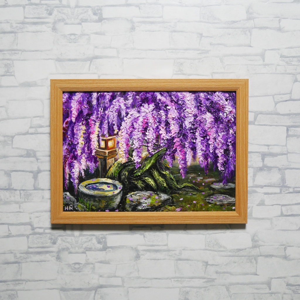 【原画】藤の花と石灯籠「紫翠の庭」春の息吹を感じる油彩画