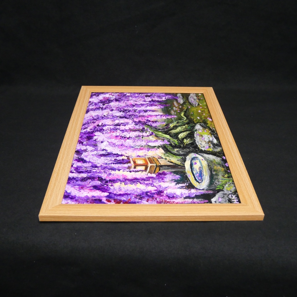 【原画】藤の花と石灯籠「紫翠の庭」春の息吹を感じる油彩画