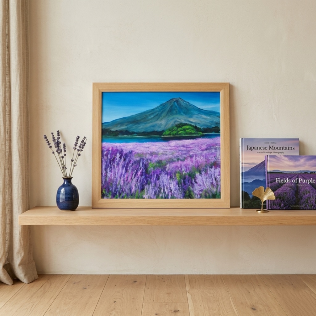 【原画】薫風に揺れるラベンダーと富士山|初夏の訪れ|幸福を呼ぶ紫の絵画