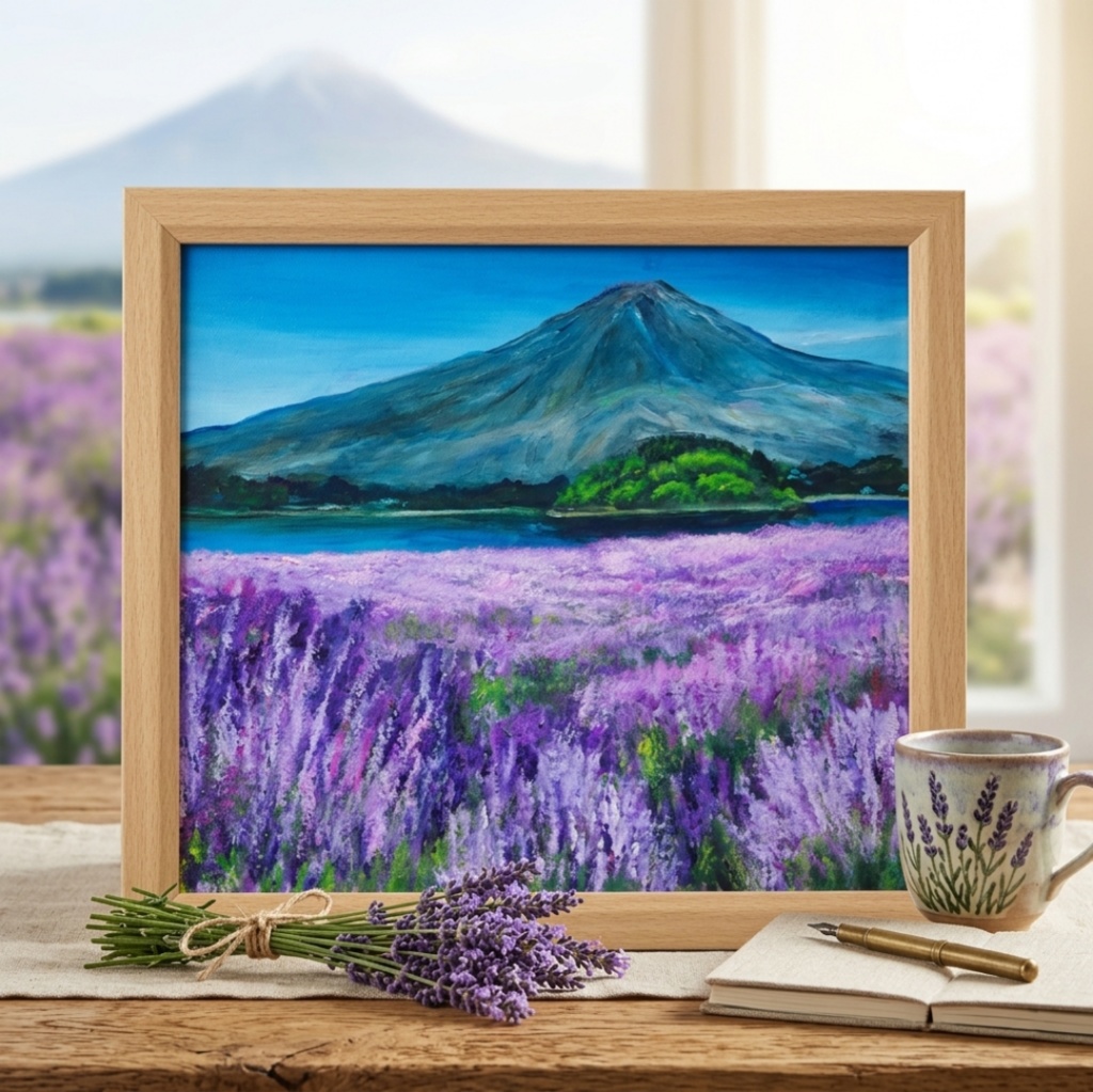 【原画】薫風に揺れるラベンダーと富士山｜初夏の訪れ｜幸福を呼ぶ紫の絵画