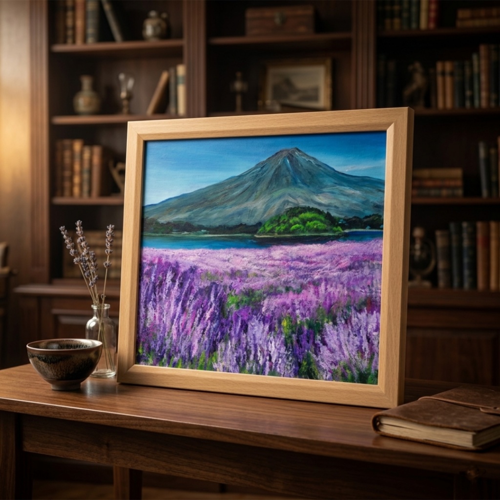 【原画】薫風に揺れるラベンダーと富士山|初夏の訪れ|幸福を呼ぶ紫の絵画