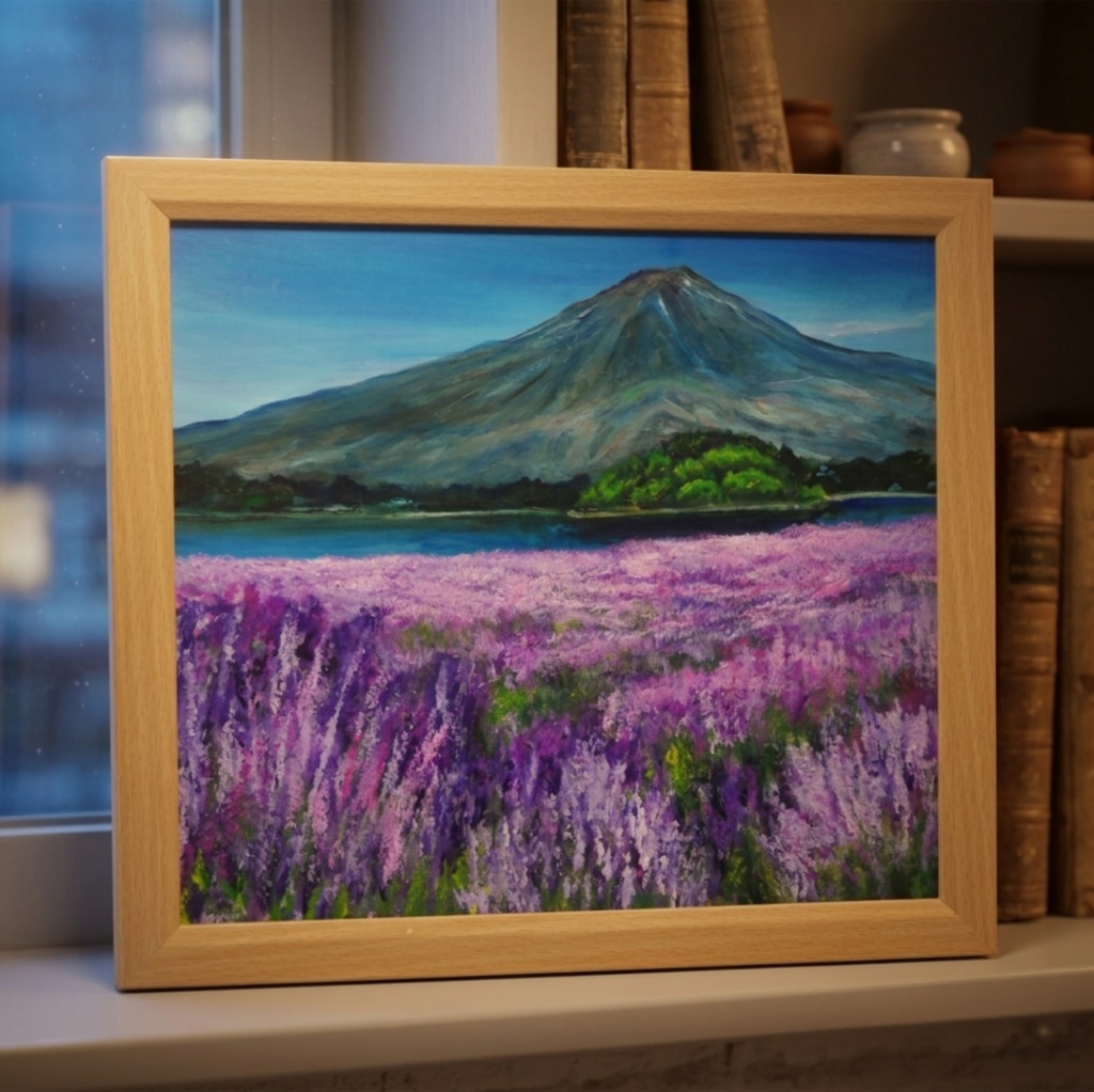 【原画】薫風に揺れるラベンダーと富士山|初夏の訪れ|幸福を呼ぶ紫の絵画