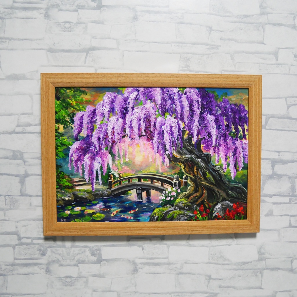 【一点物】藤の季節の風景画「紫烟の雫、静寂の庭」油彩画 (額装込)母の日ギフト