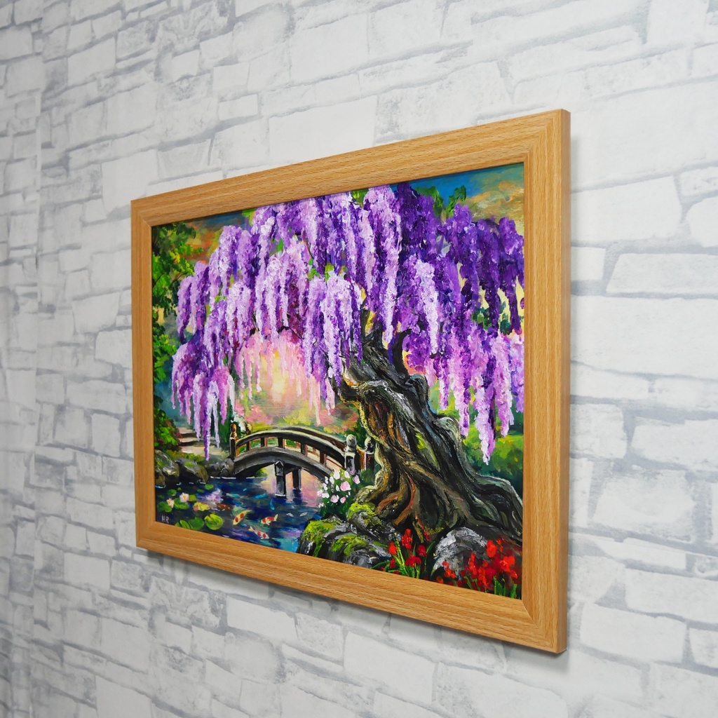 【一点物】藤の季節の風景画「紫烟の雫、静寂の庭」油彩画 (額装込)母の日ギフト