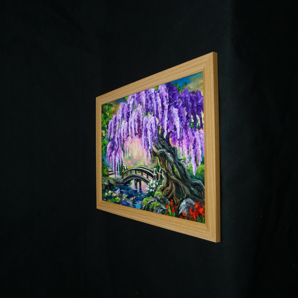 【一点物】藤の季節の風景画「紫烟の雫、静寂の庭」油彩画 (額装込)母の日ギフト