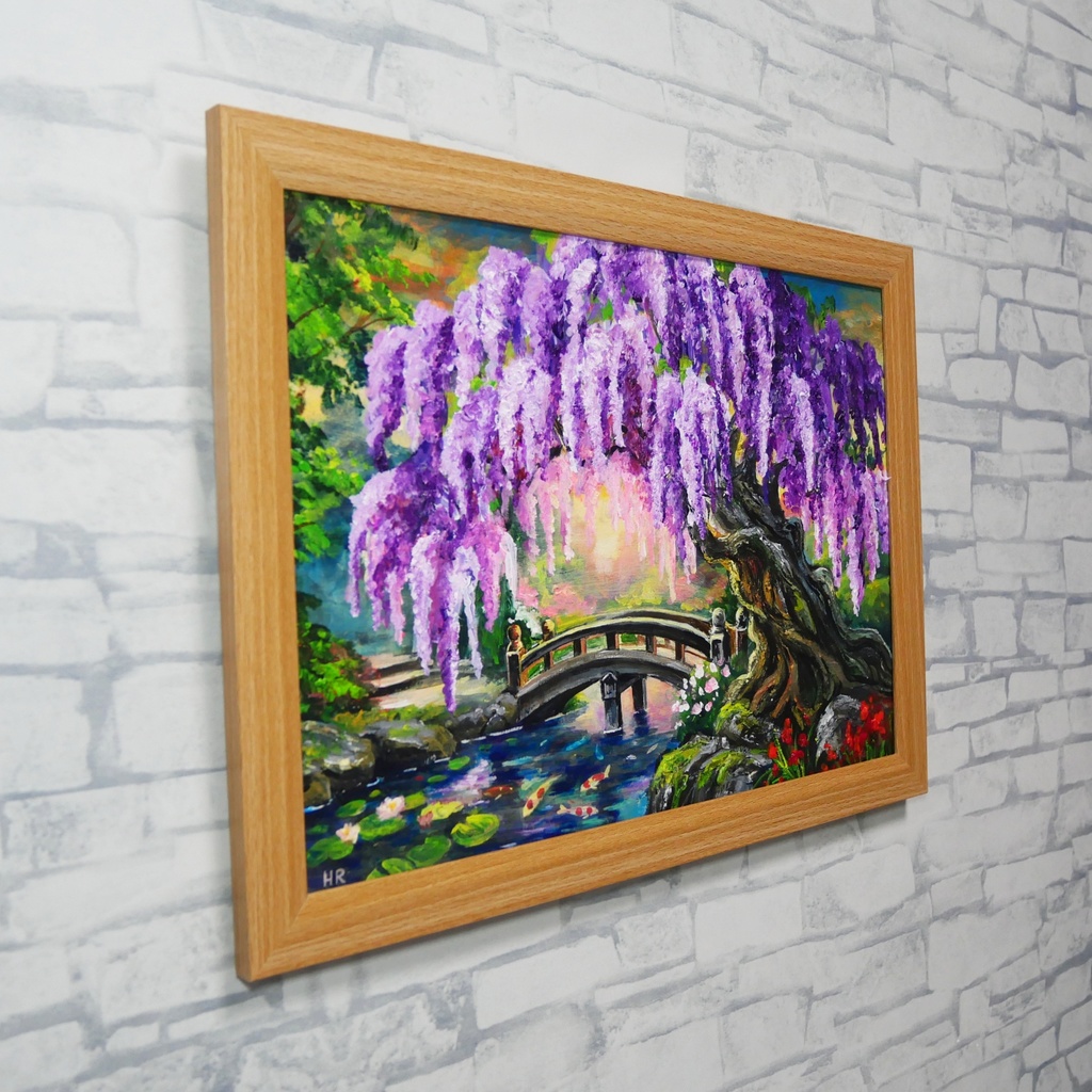 【一点物】藤の季節の風景画「紫烟の雫、静寂の庭」油彩画 (額装込)母の日ギフト