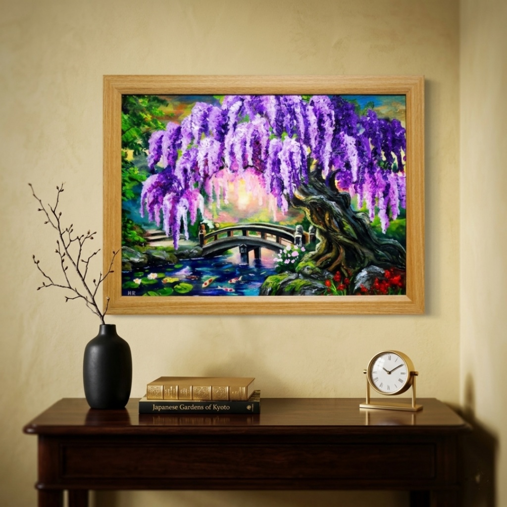 【一点物】藤の季節の風景画「紫烟の雫、静寂の庭」油彩画 (額装込)母の日ギフト