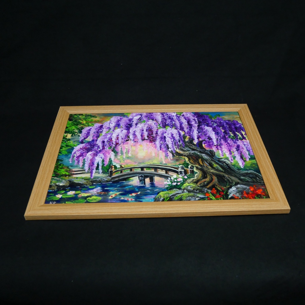 【一点物】藤の季節の風景画「紫烟の雫、静寂の庭」油彩画 (額装込)母の日ギフト