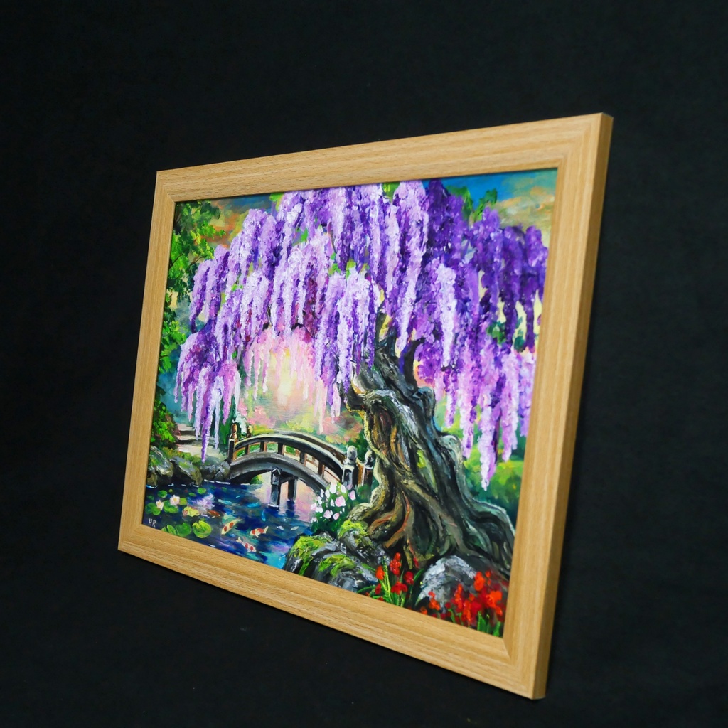 【一点物】藤の季節の風景画「紫烟の雫、静寂の庭」油彩画 (額装込)母の日ギフト