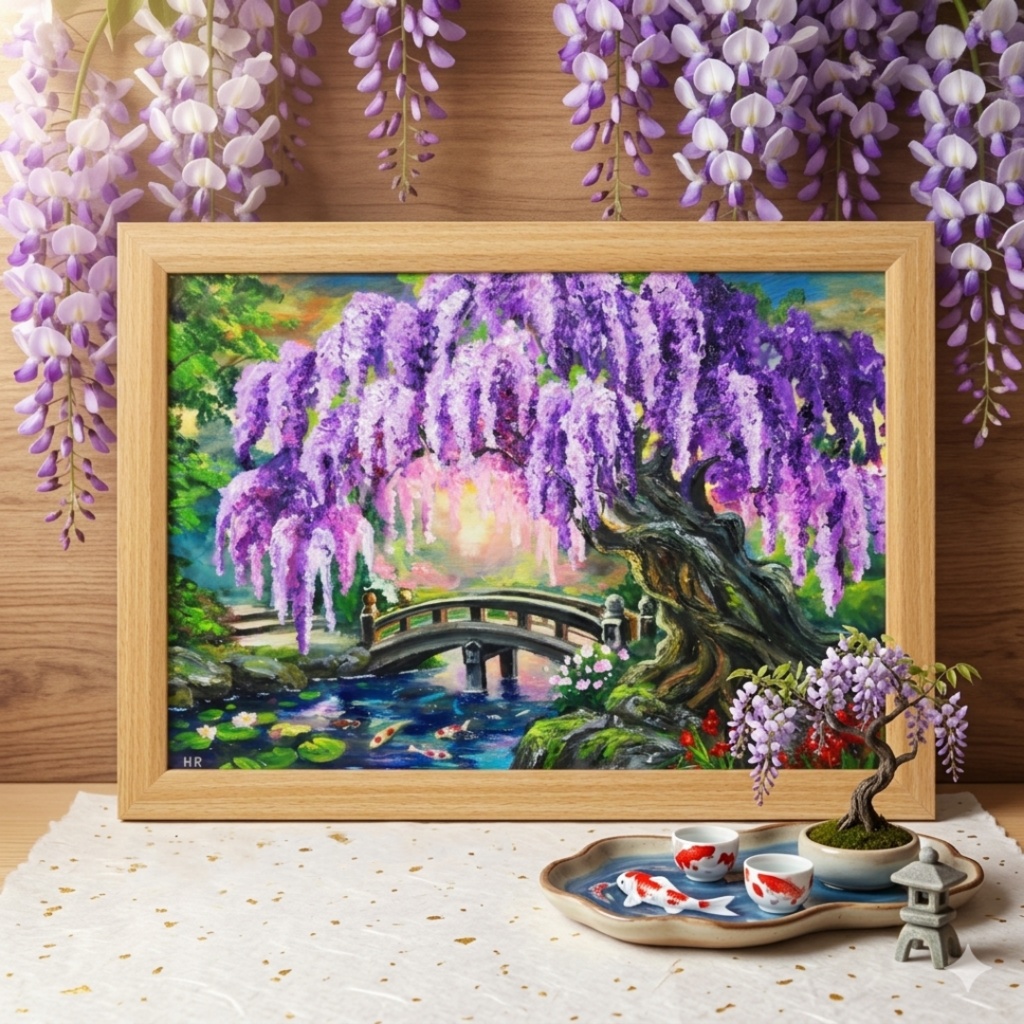 【一点物】藤の季節の風景画「紫烟の雫、静寂の庭」油彩画 （額装込）母の日ギフト