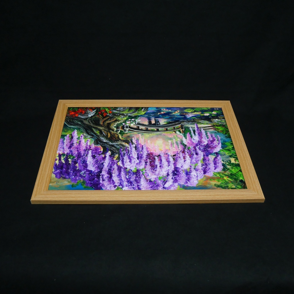 【一点物】藤の季節の風景画「紫烟の雫、静寂の庭」油彩画 (額装込)母の日ギフト