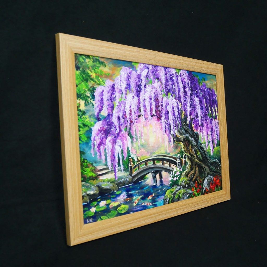 【一点物】藤の季節の風景画「紫烟の雫、静寂の庭」油彩画 (額装込)母の日ギフト