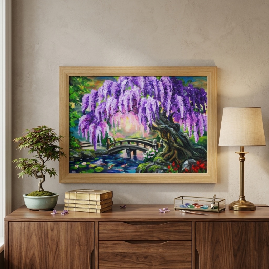 【一点物】藤の季節の風景画「紫烟の雫、静寂の庭」油彩画 (額装込)母の日ギフト