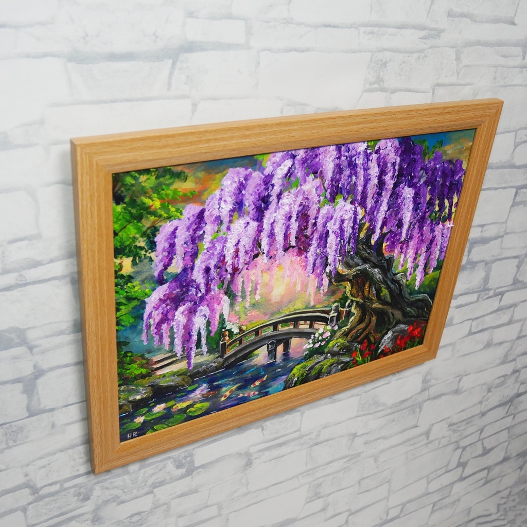 【一点物】藤の季節の風景画「紫烟の雫、静寂の庭」油彩画 (額装込)母の日ギフト