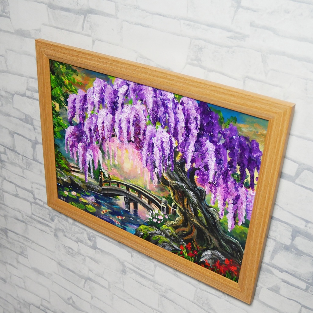 【一点物】藤の季節の風景画「紫烟の雫、静寂の庭」油彩画 (額装込)母の日ギフト