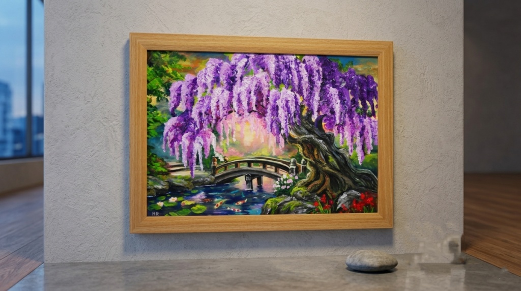 【一点物】藤の季節の風景画「紫烟の雫、静寂の庭」油彩画 (額装込)母の日ギフト