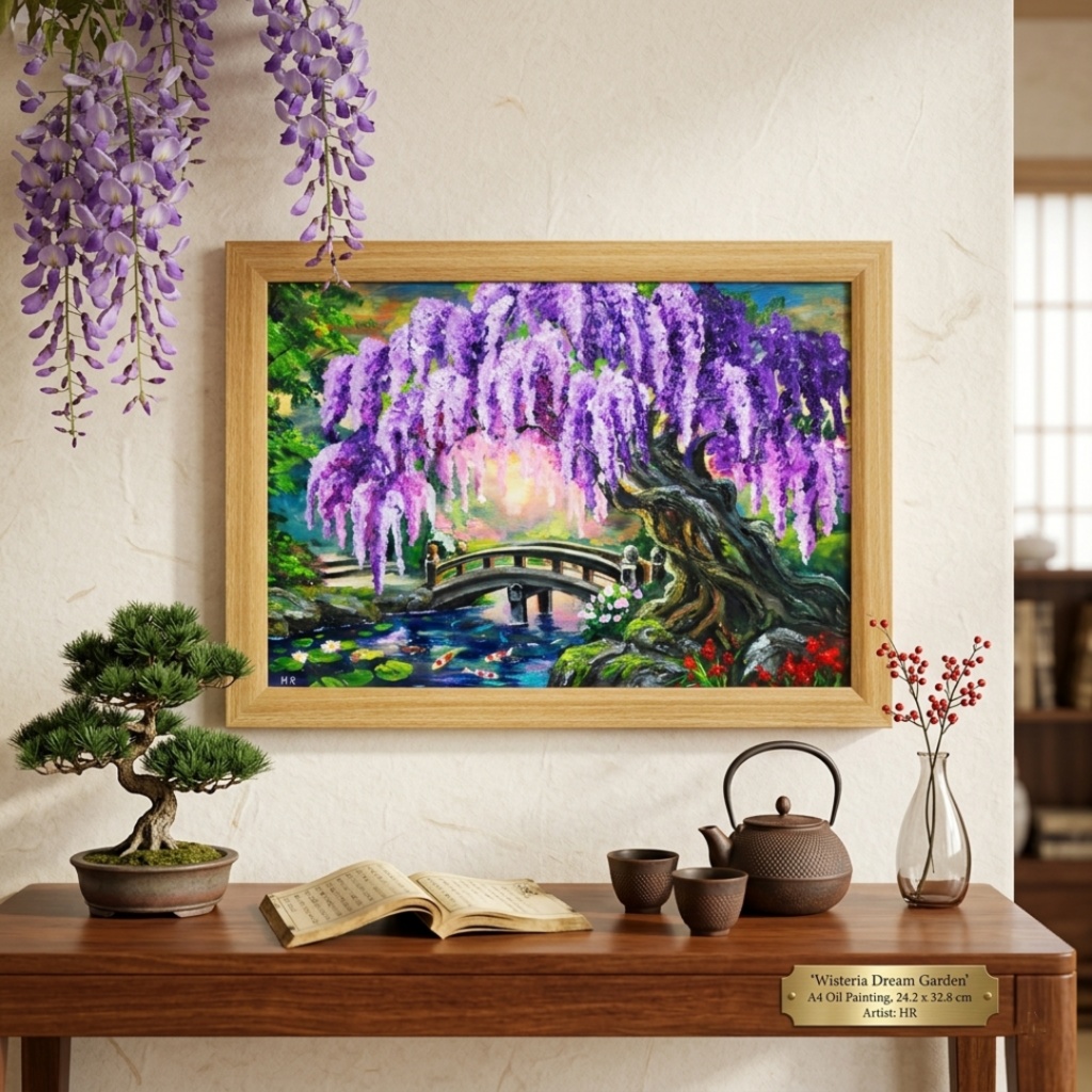 【一点物】藤の季節の風景画「紫烟の雫、静寂の庭」油彩画 (額装込)母の日ギフト